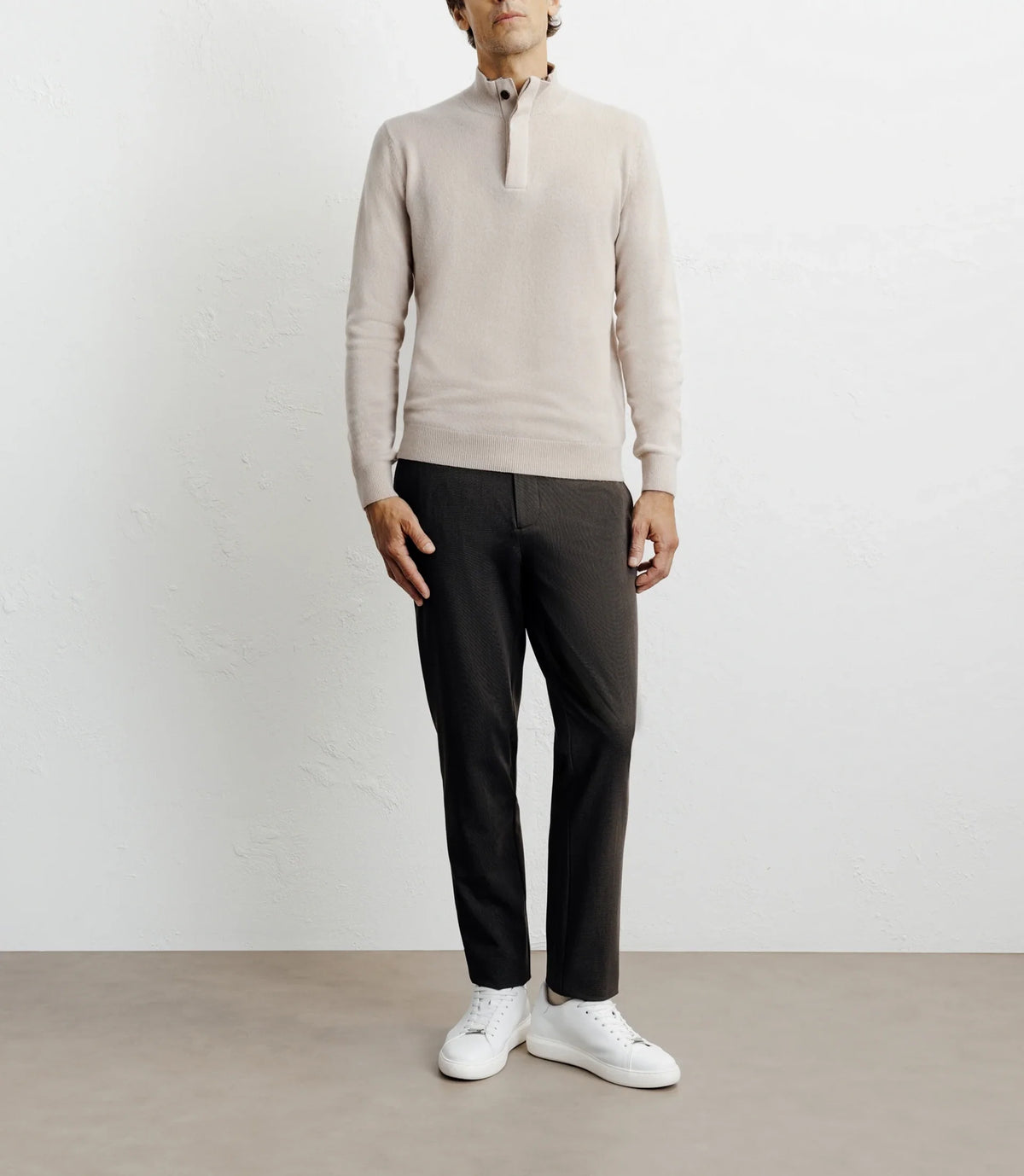 Pull col zippé et boutonné 100% cachemire beige - IZAC