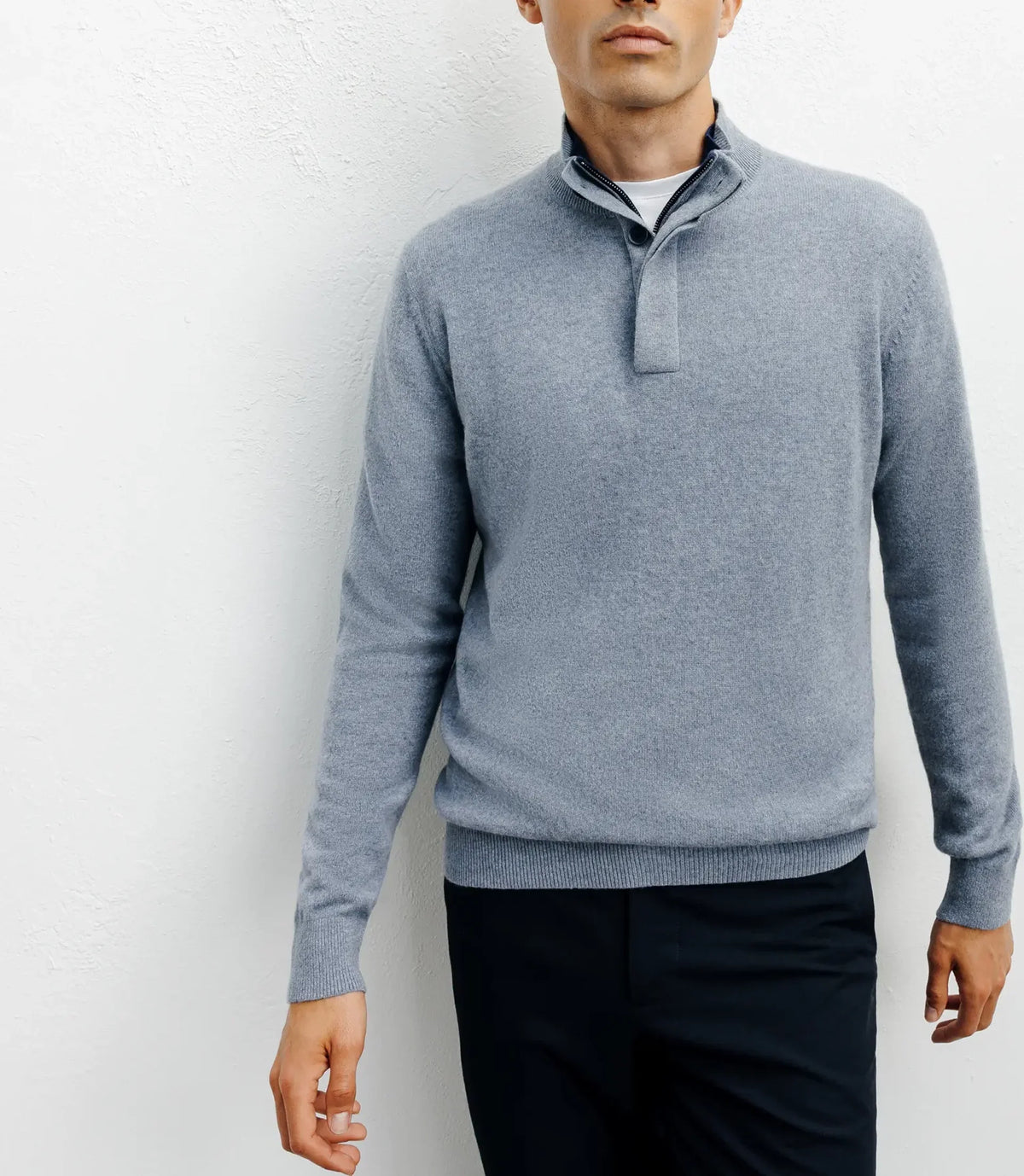 Pull col zippé et boutonné 100% cachemire indigo