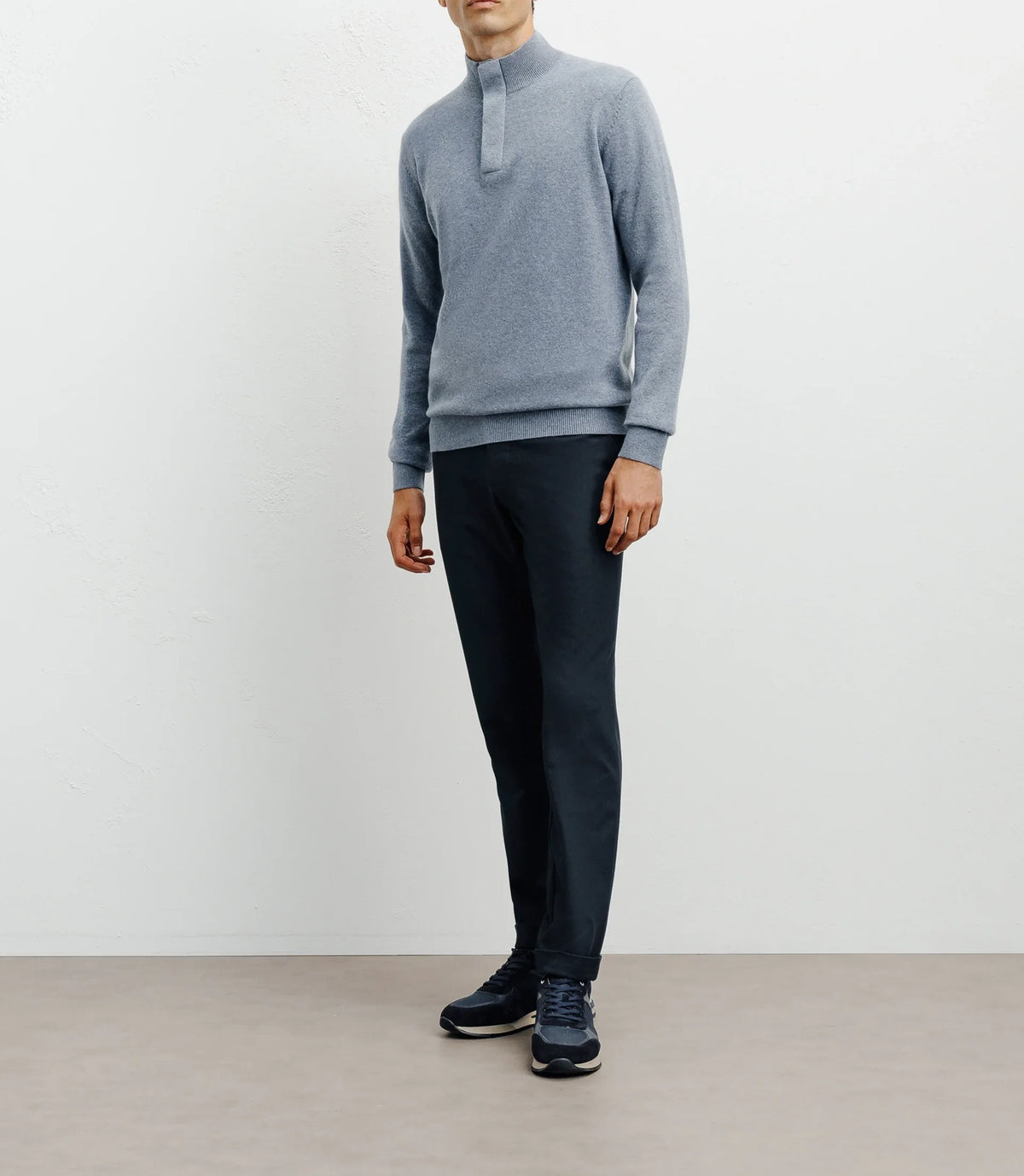 Pull col zippé et boutonné 100% cachemire indigo