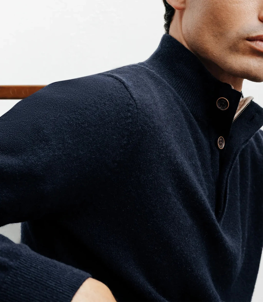 Pull col zippé et boutonné 100% cachemire marine - IZAC