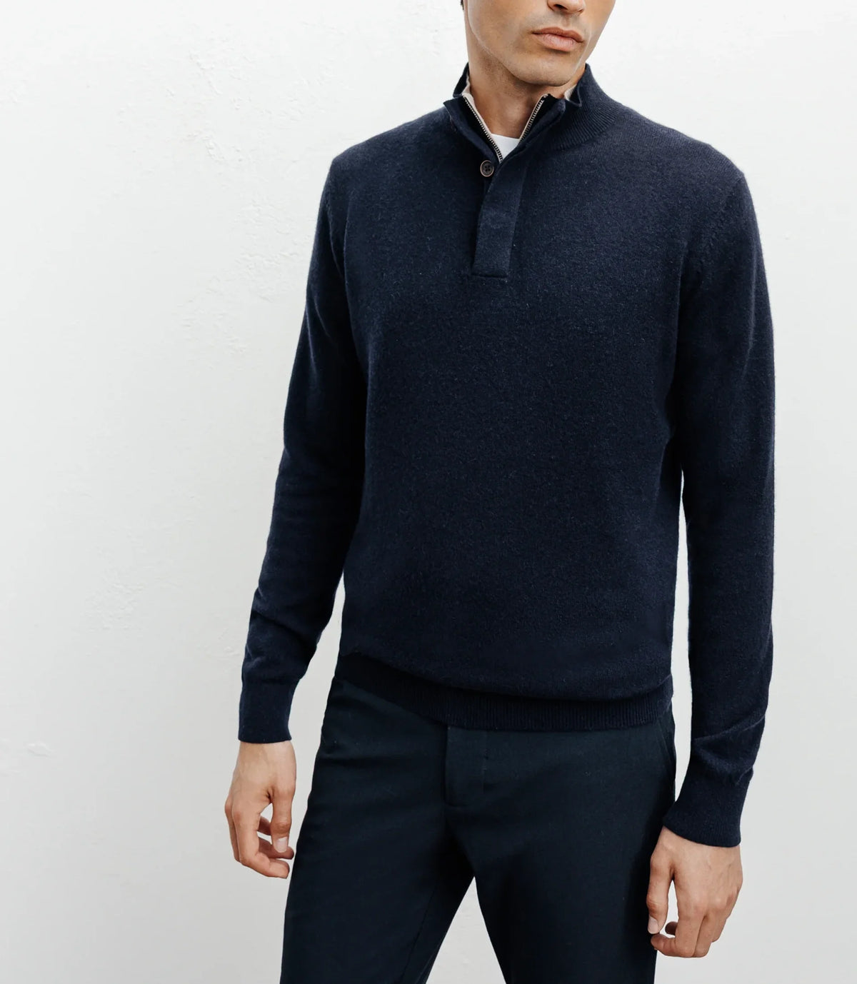 Pull col zippé et boutonné 100% cachemire marine - IZAC