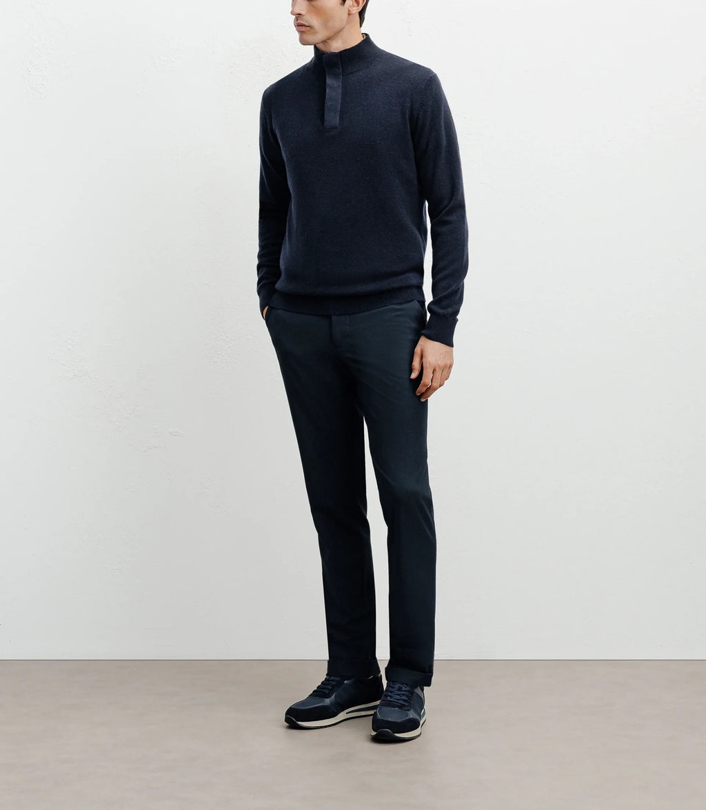 Pull col zippé et boutonné 100% cachemire marine - IZAC
