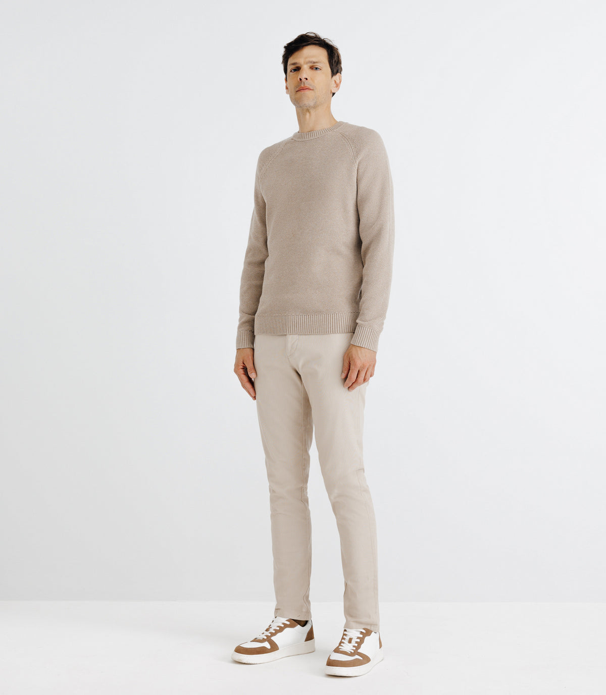 Pull col rond jeux de point beige - IZAC