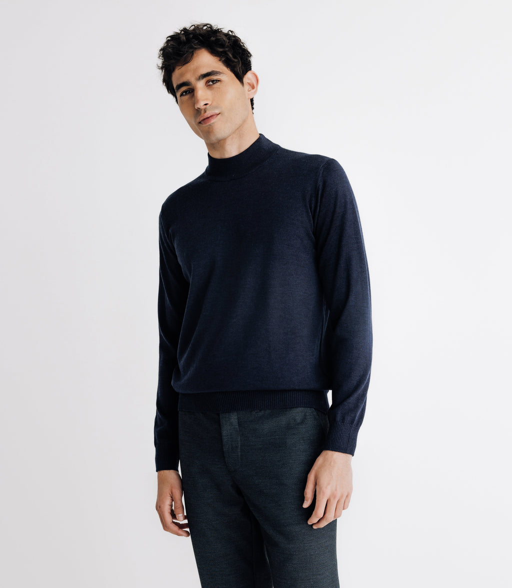 Pull en laine mérinos col cheminée marine - IZAC