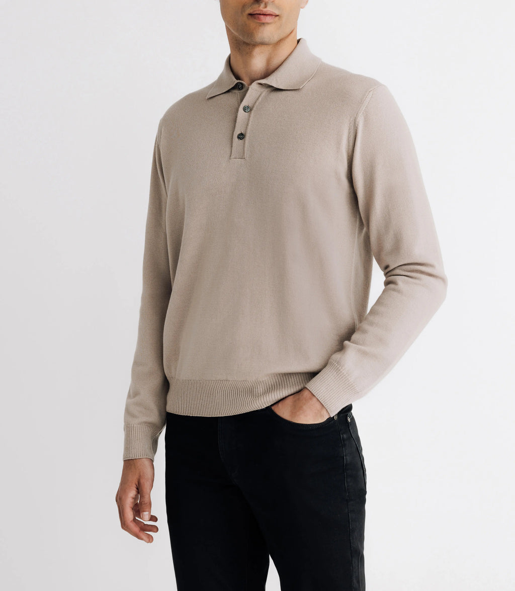 Pull col polo en laine mérinos beige - IZAC