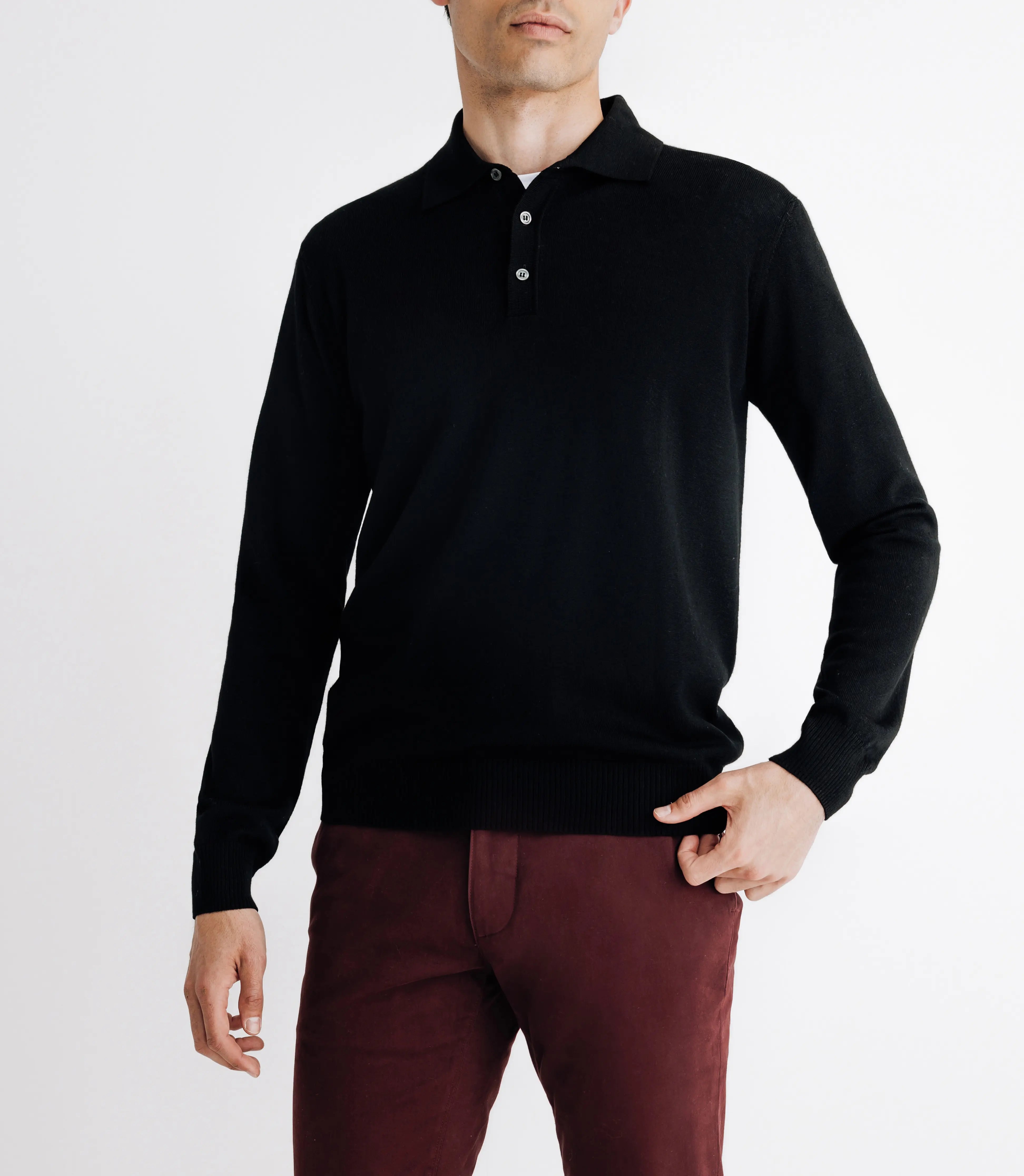 Pull col polo en laine mérinos noir - IZAC