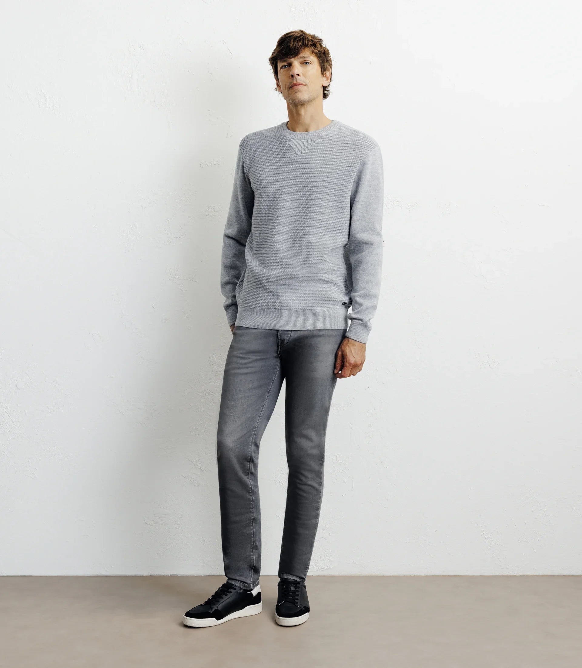 Pull col rond jeux de points gris chiné - IZAC