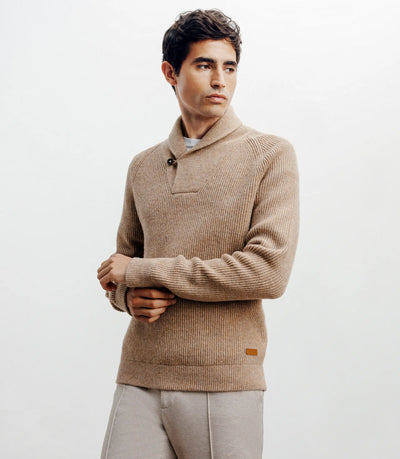 Pull en laine col châle beige - IZAC