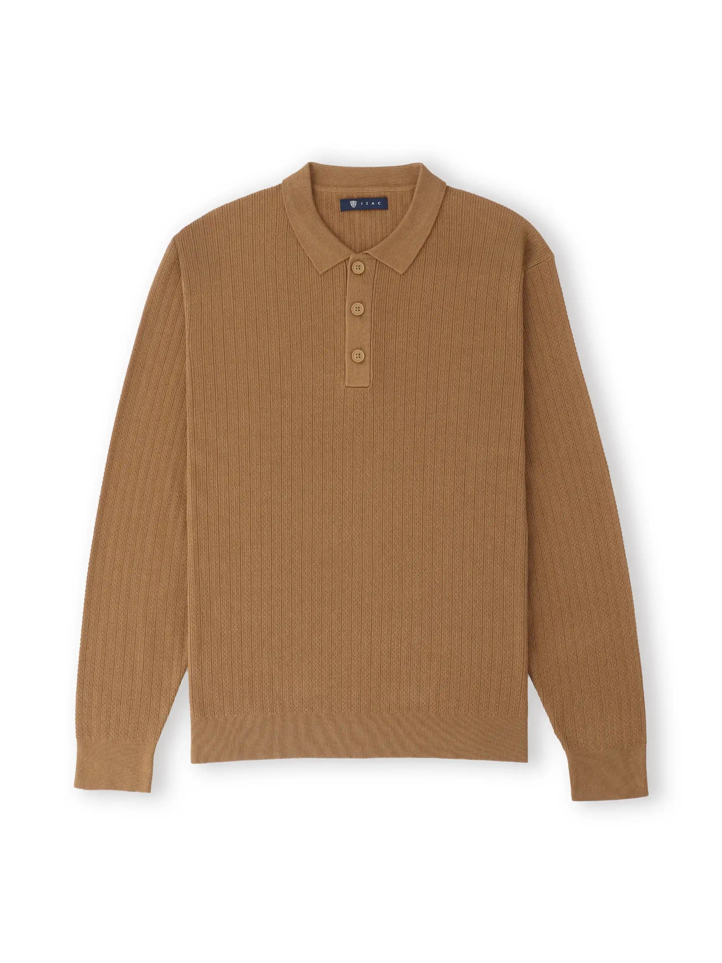 Pull col polo boutonné jeux de points camel - IZAC
