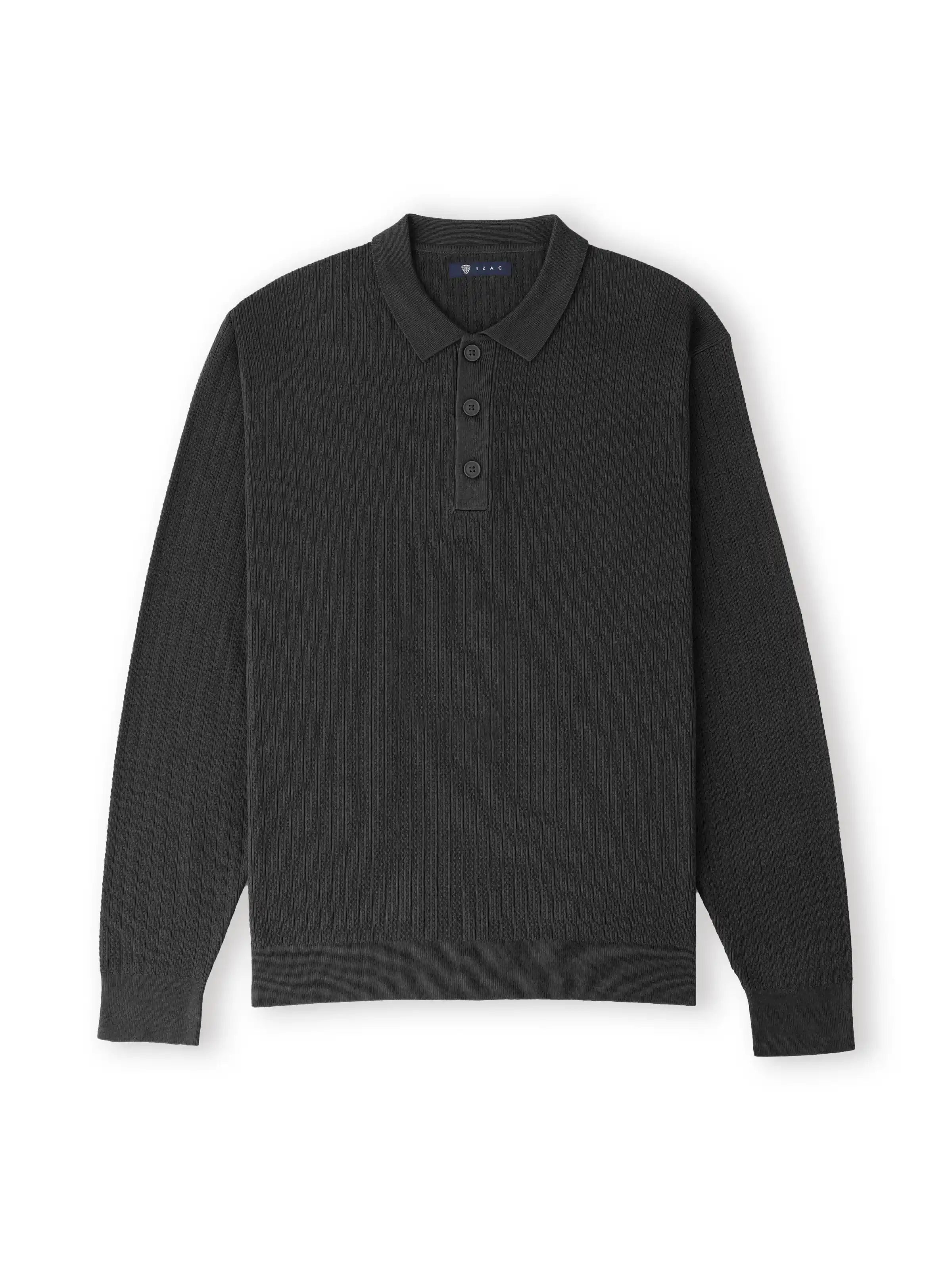 Pull col polo boutonné jeux de points noir - IZAC