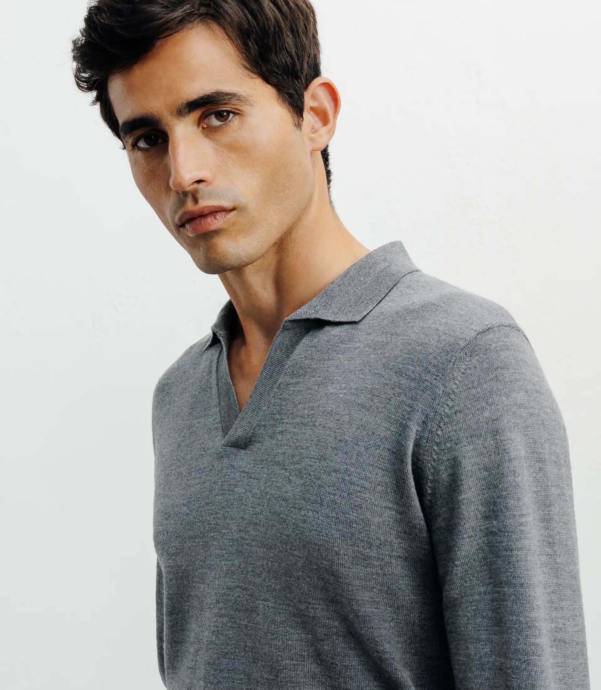 Pull col polo en laine mérinos gris chiné - IZAC