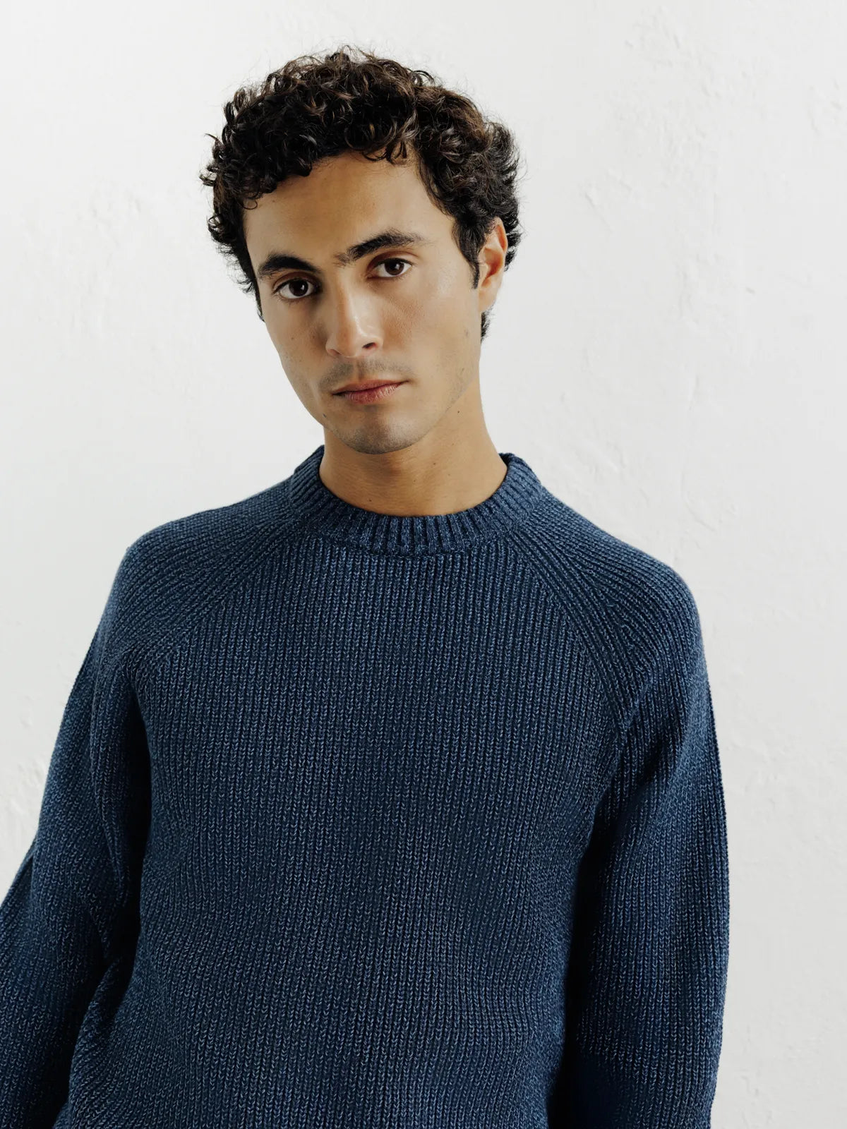 Pull col rond mouliné marine - IZAC