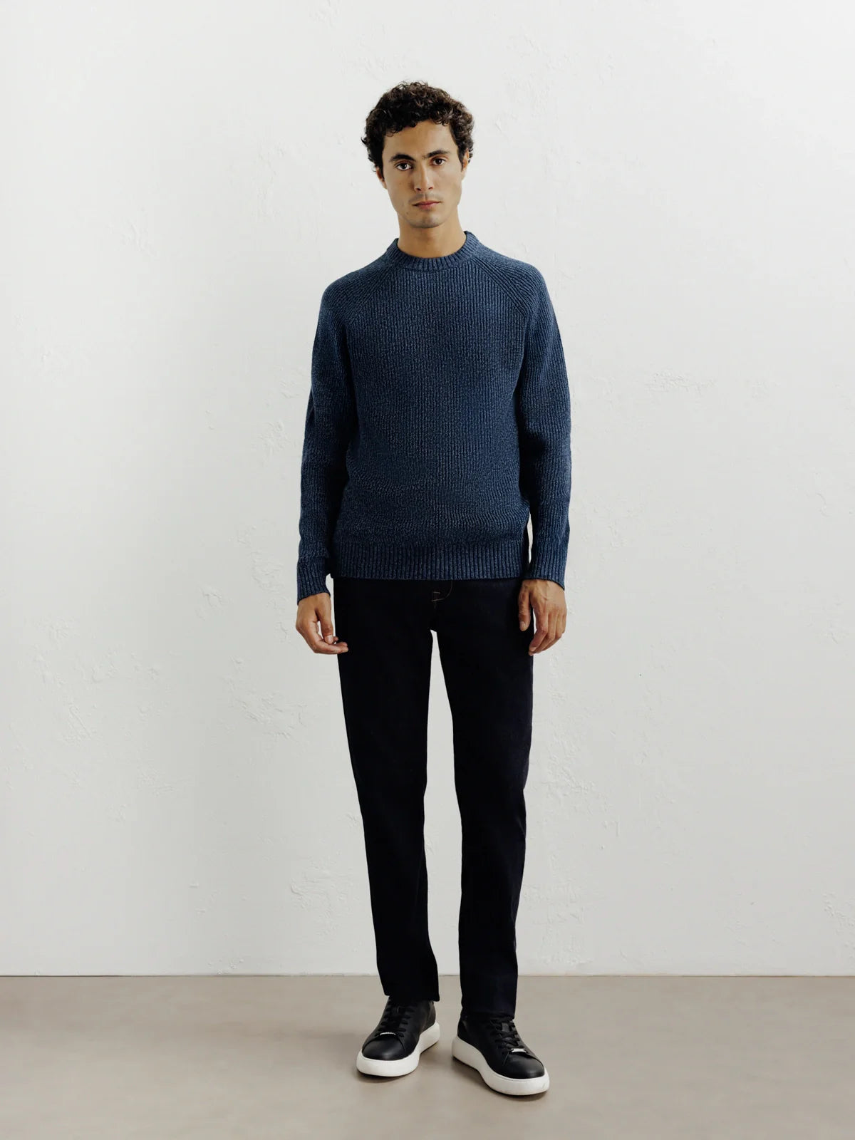 Pull col rond mouliné marine - IZAC