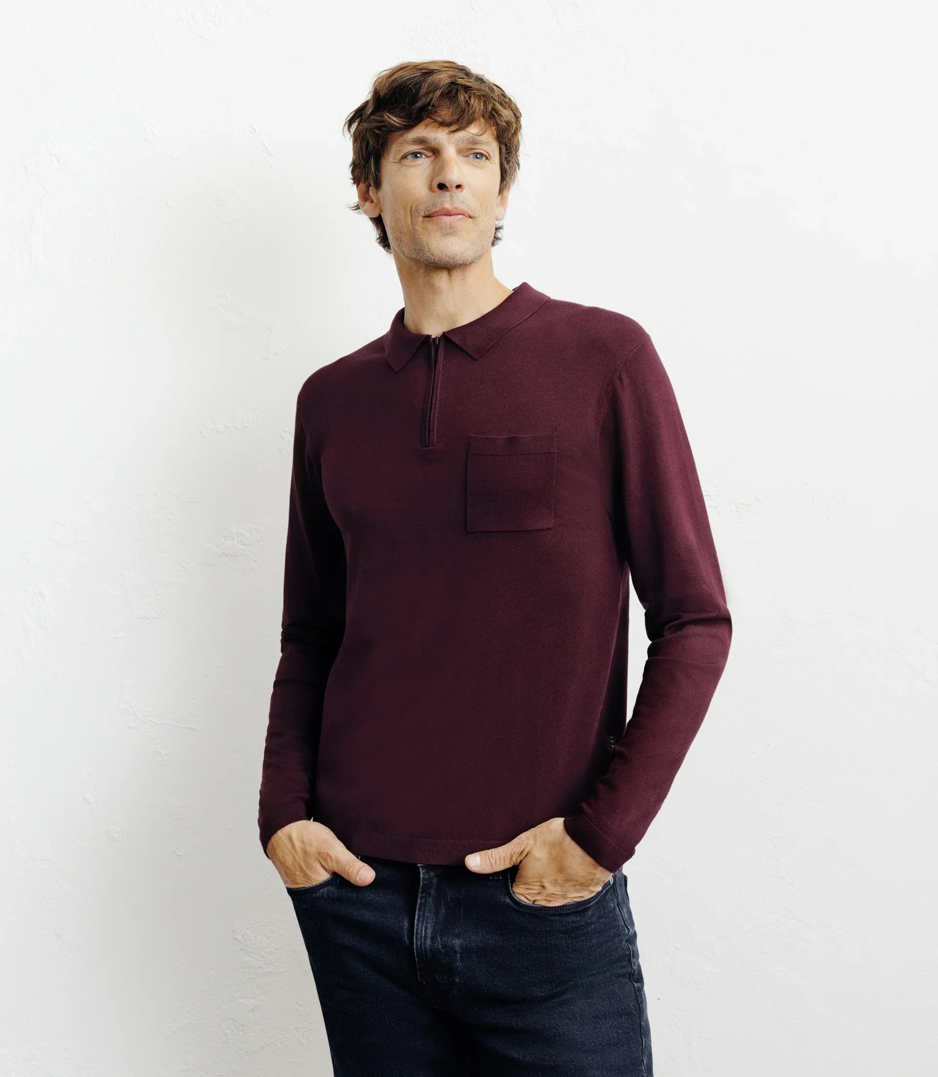 Pull col polo zippé en maille fine bordeaux foncé - IZAC