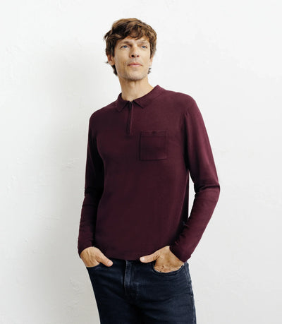 Pull col polo zippé en maille fine bordeaux foncé - IZAC
