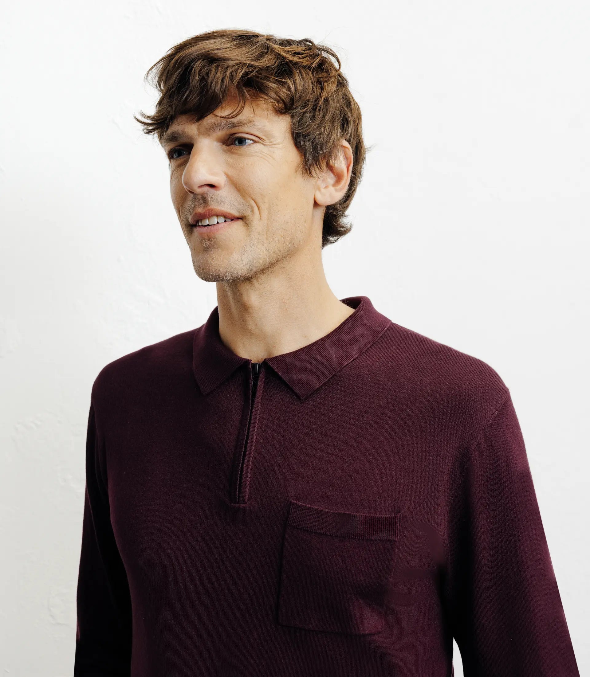 Pull col polo zippé en maille fine bordeaux foncé - IZAC