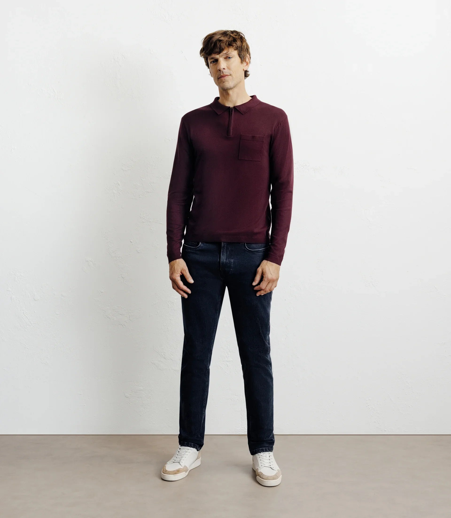 Pull col polo zippé en maille fine bordeaux foncé - IZAC