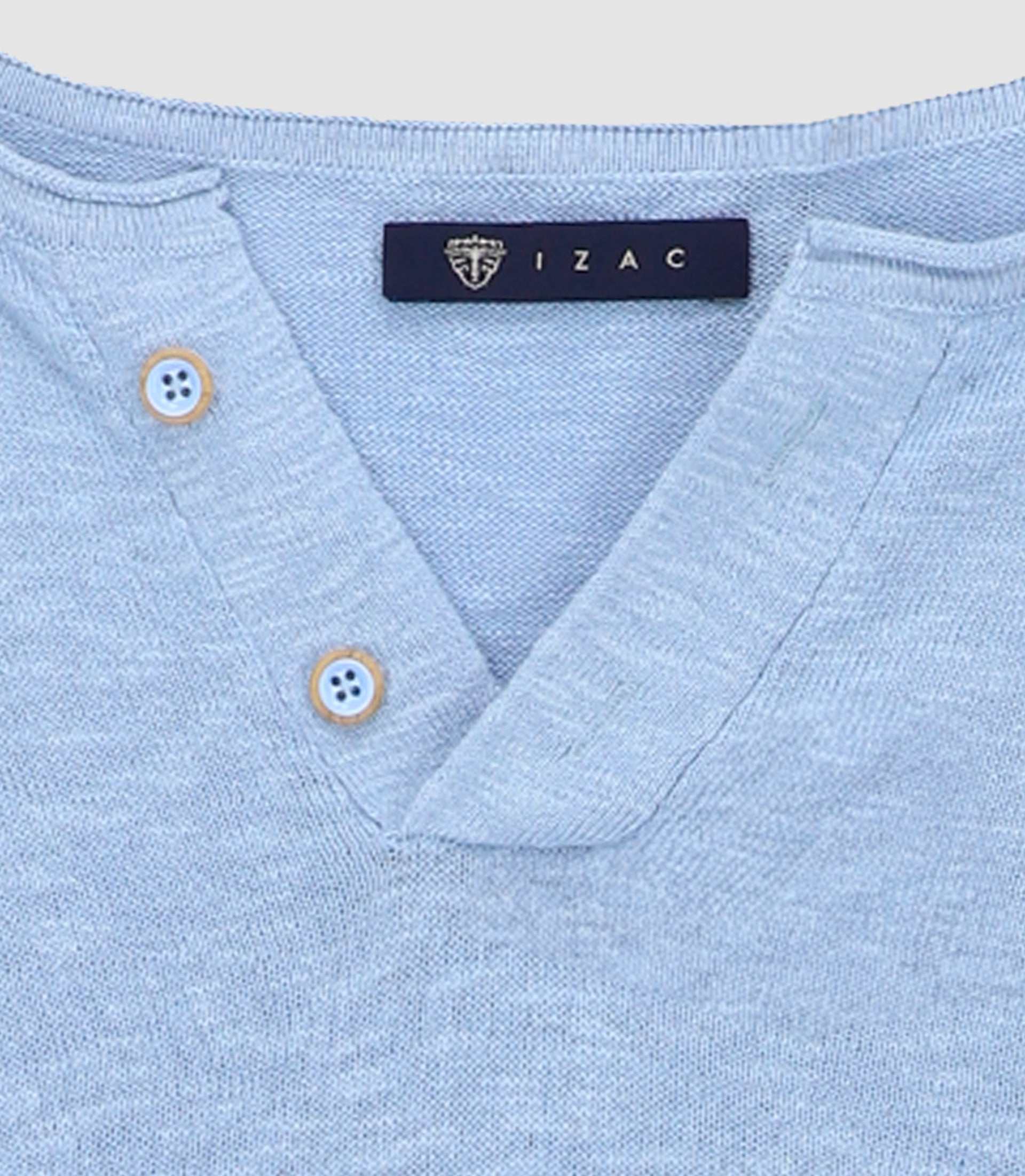 T-shirt en lin col boutonné ciel - IZAC