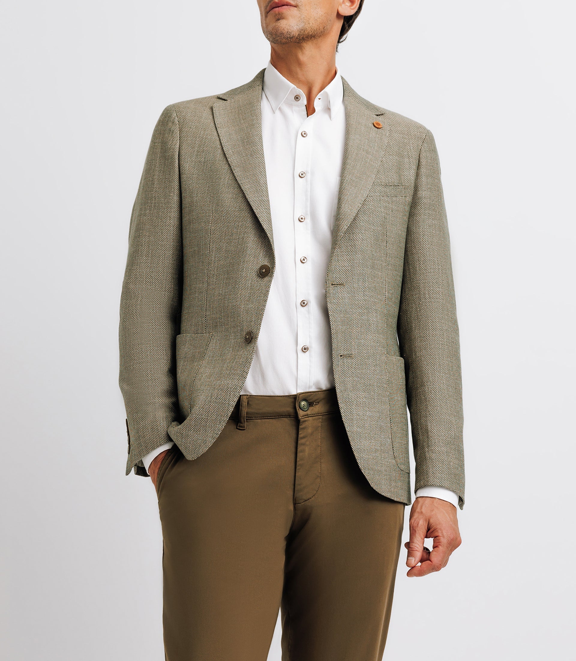 Veste kaki et beige en lin à coudières - IZAC