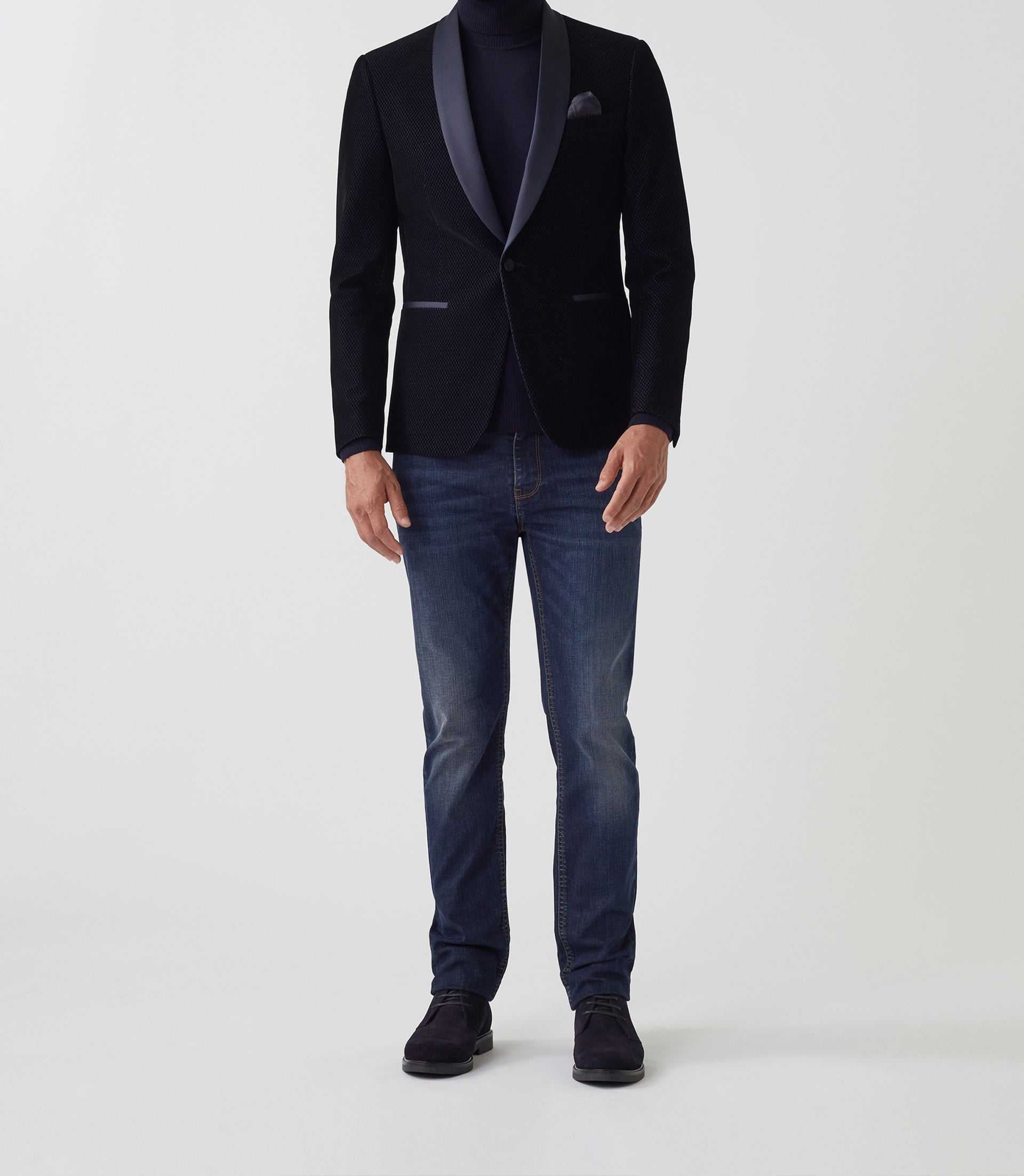 Veste velours col châle satin marine "Voltige" - IZAC