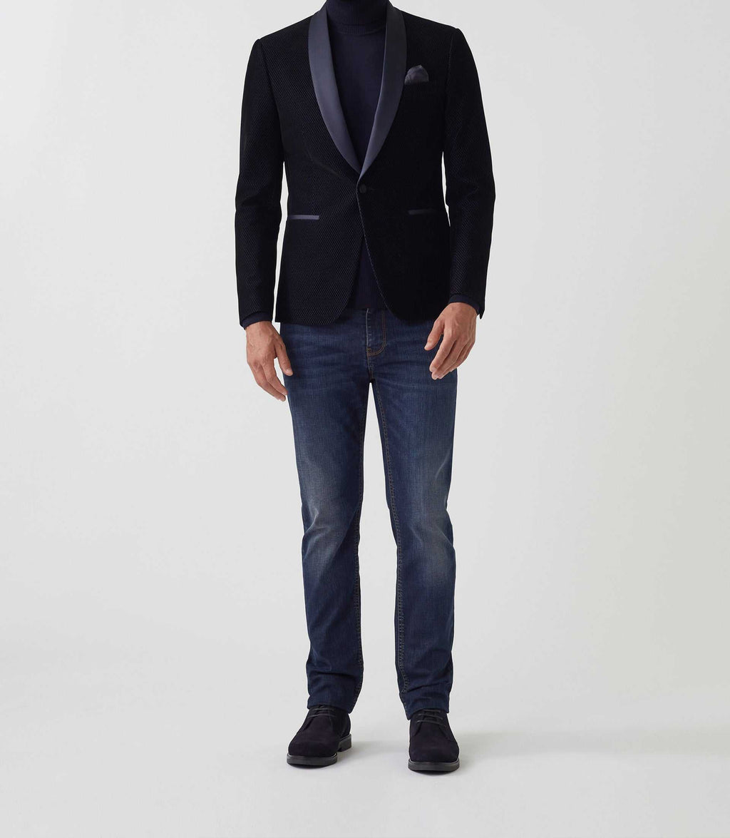 Veste velours col châle satin marine "Voltige" - IZAC