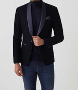 Veste velours col châle satin marine "Voltige" - IZAC