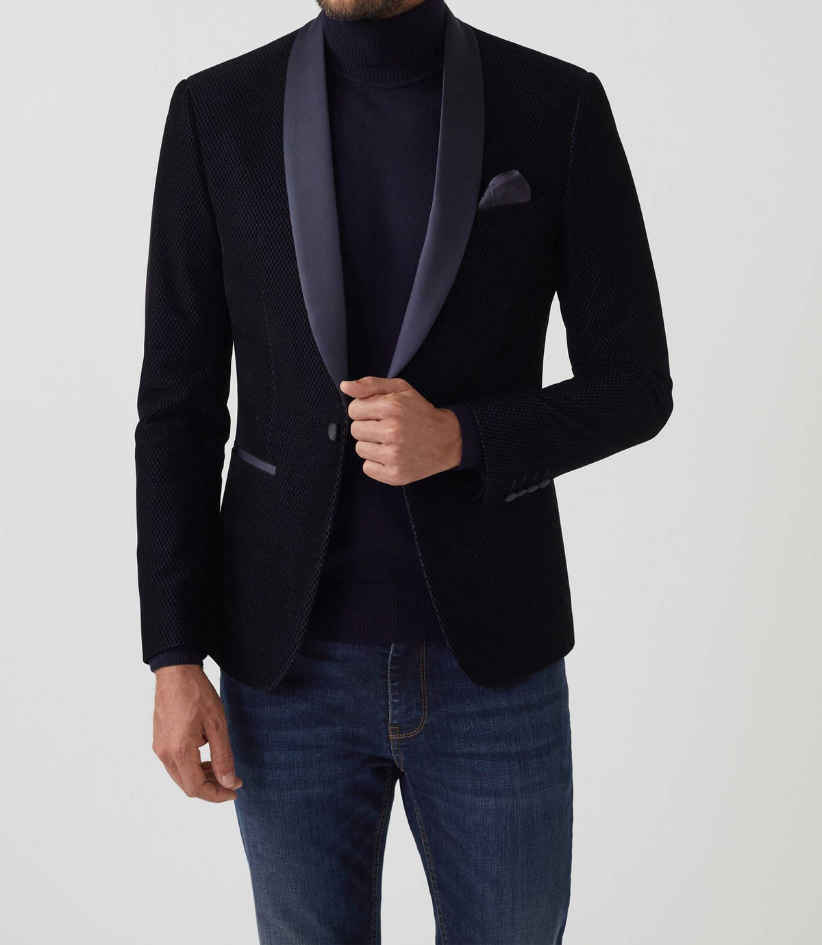 Veste velours col châle satin marine "Voltige" - IZAC