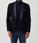 Veste velours col châle satin marine "Voltige" - IZAC